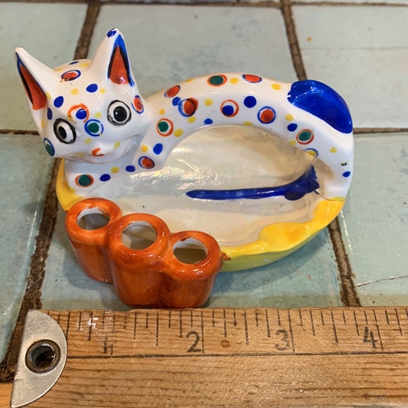 Vintage Handpainted Polka Dot Kitty Ashtray and Cigarette Holder - Picture 5 of 8